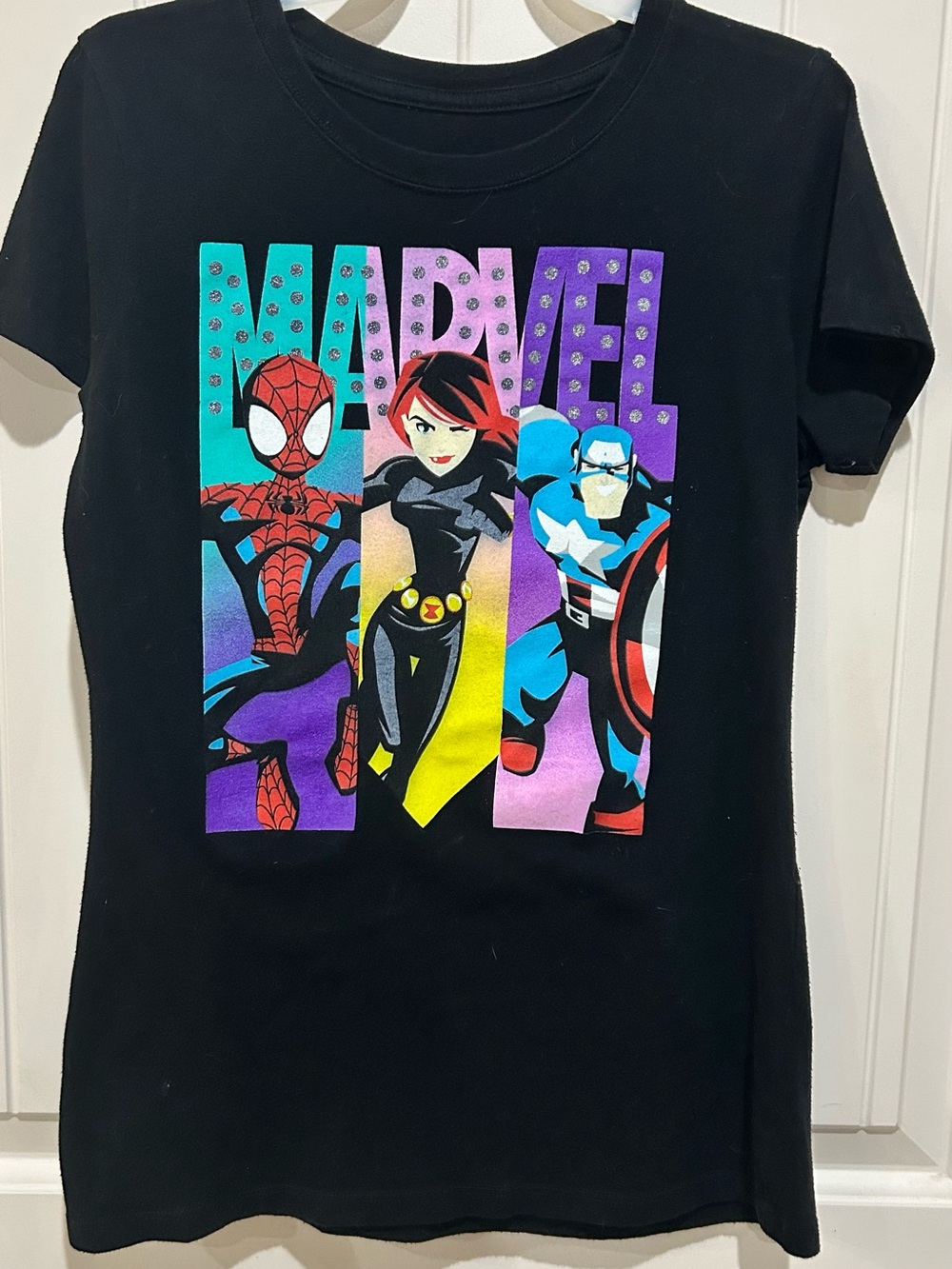 Marvel Kids Black Graphic Tee with Red, Turquoise, Purple and Yellow Accents